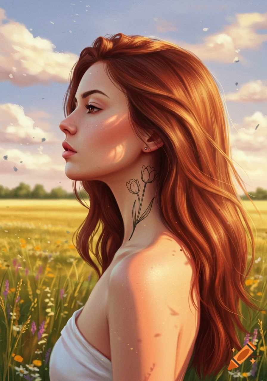 Digital art portrait of a red-haired woman in profile with a tulip tattoo on her neck, in a sunny flower field.
