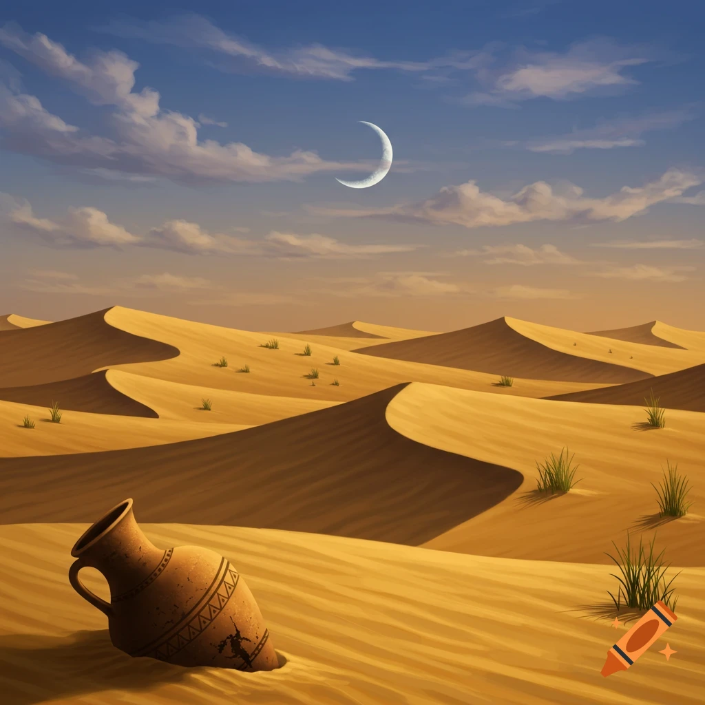 Stylized illustration of a crescent moon over sand dunes with a broken ancient vase in the foreground.
