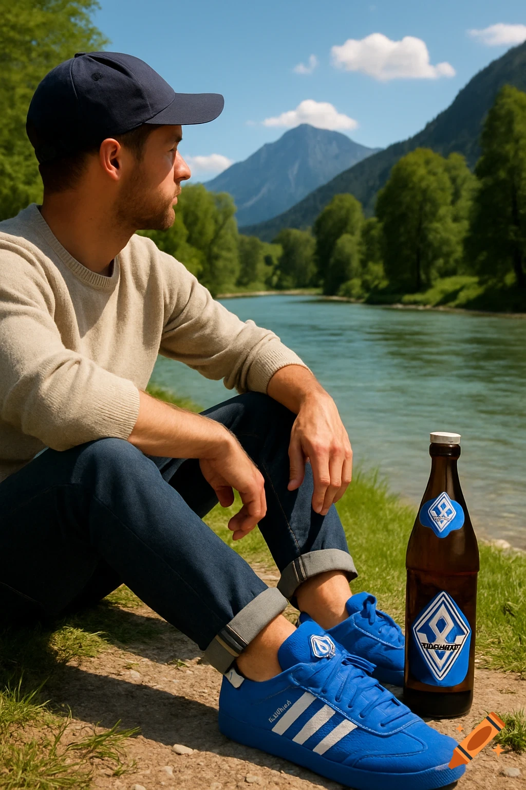 A man in a baseball cap, beige sweater, and blue jeans sits by a river with mountains in the background, next to blue sneakers and a beer bottle.