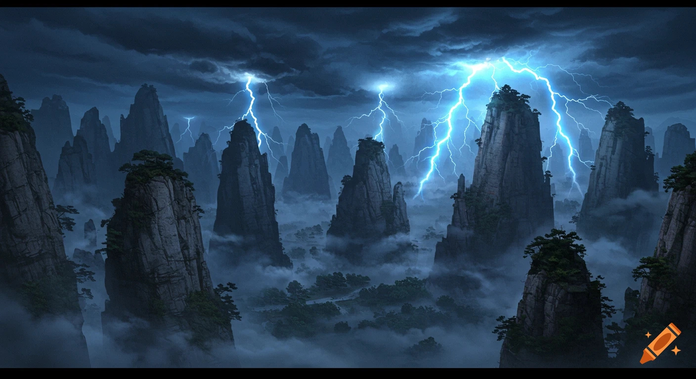 Jagged, mist-shrouded mountains under a dark, stormy sky with bright lightning bolts striking the peaks, dramatic landscape.