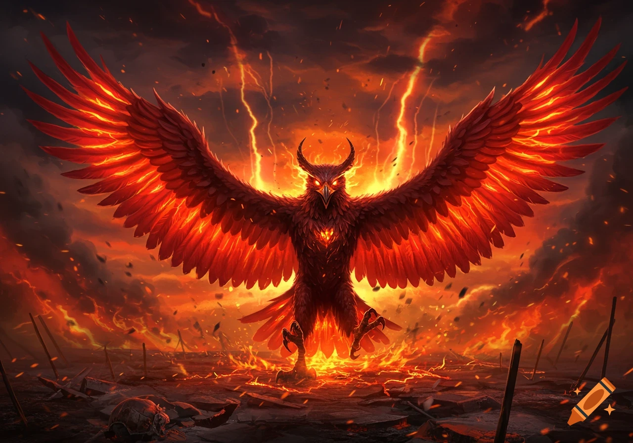 A fierce, horned, fiery eagle-like creature with glowing red wings rises from a burning, lightning-struck landscape.