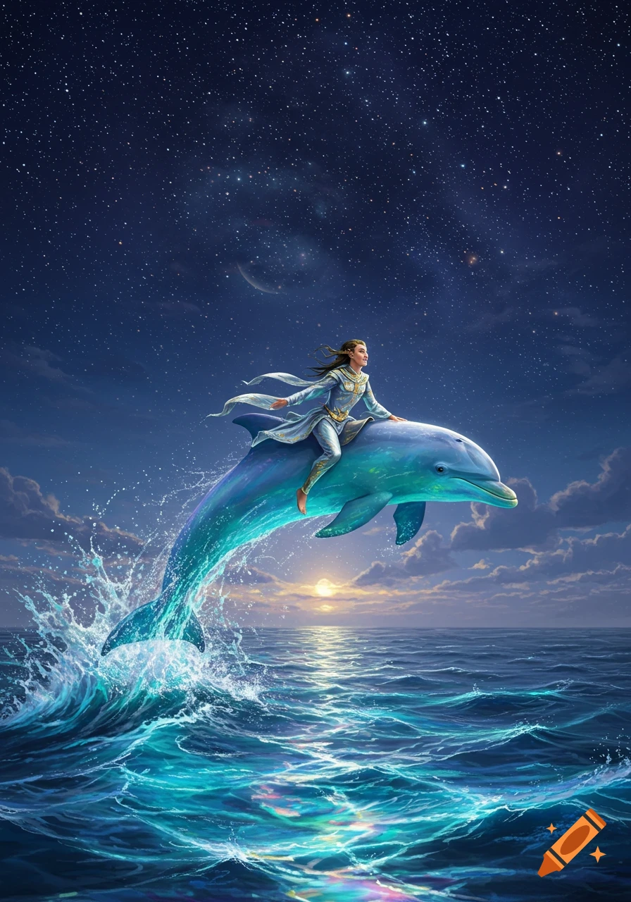 A person in flowing attire rides a dolphin leaping from a starry ocean, with a distant sunset.