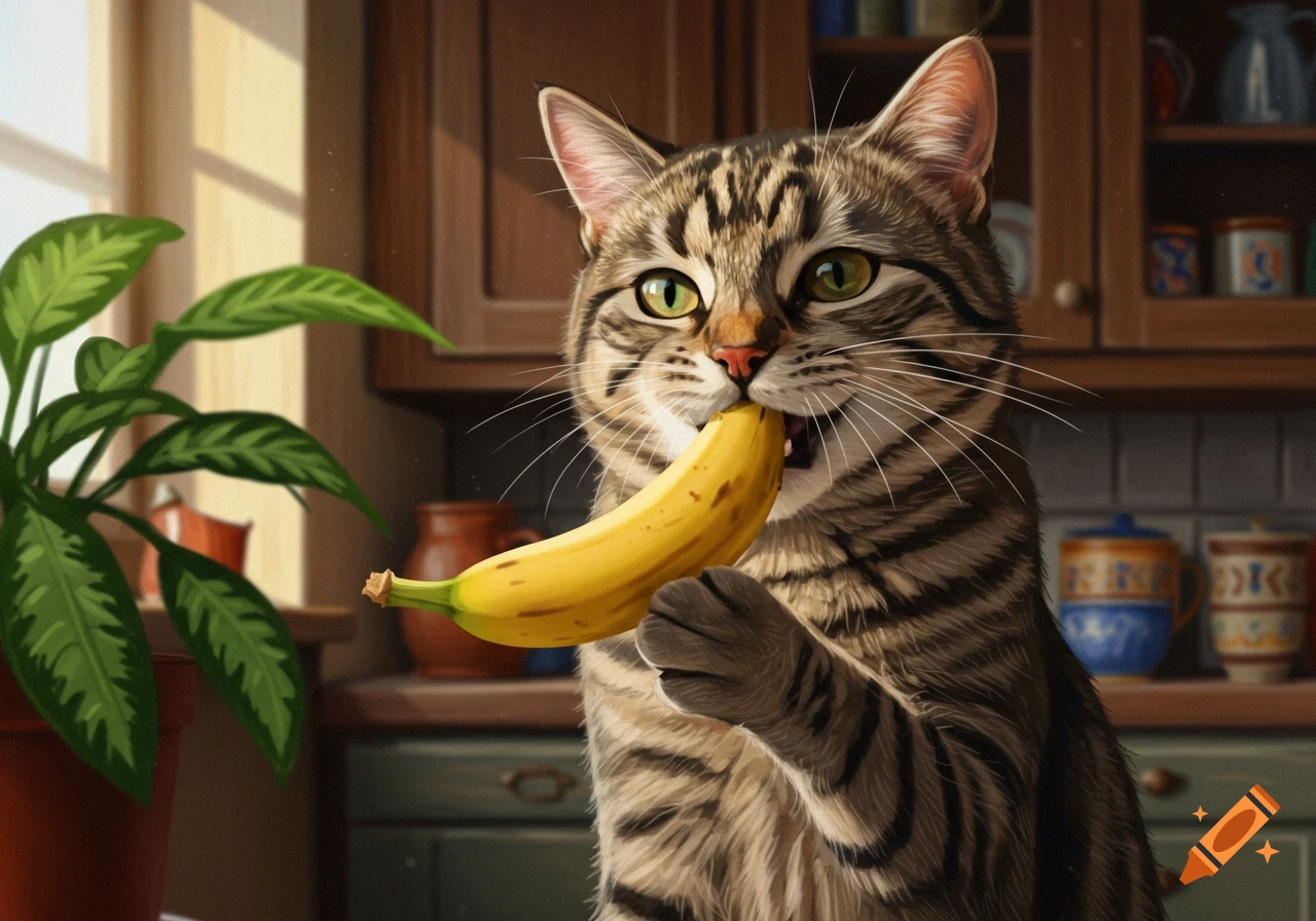 An illustrated tabby cat holds a yellow banana in its mouth, standing in a kitchen.
