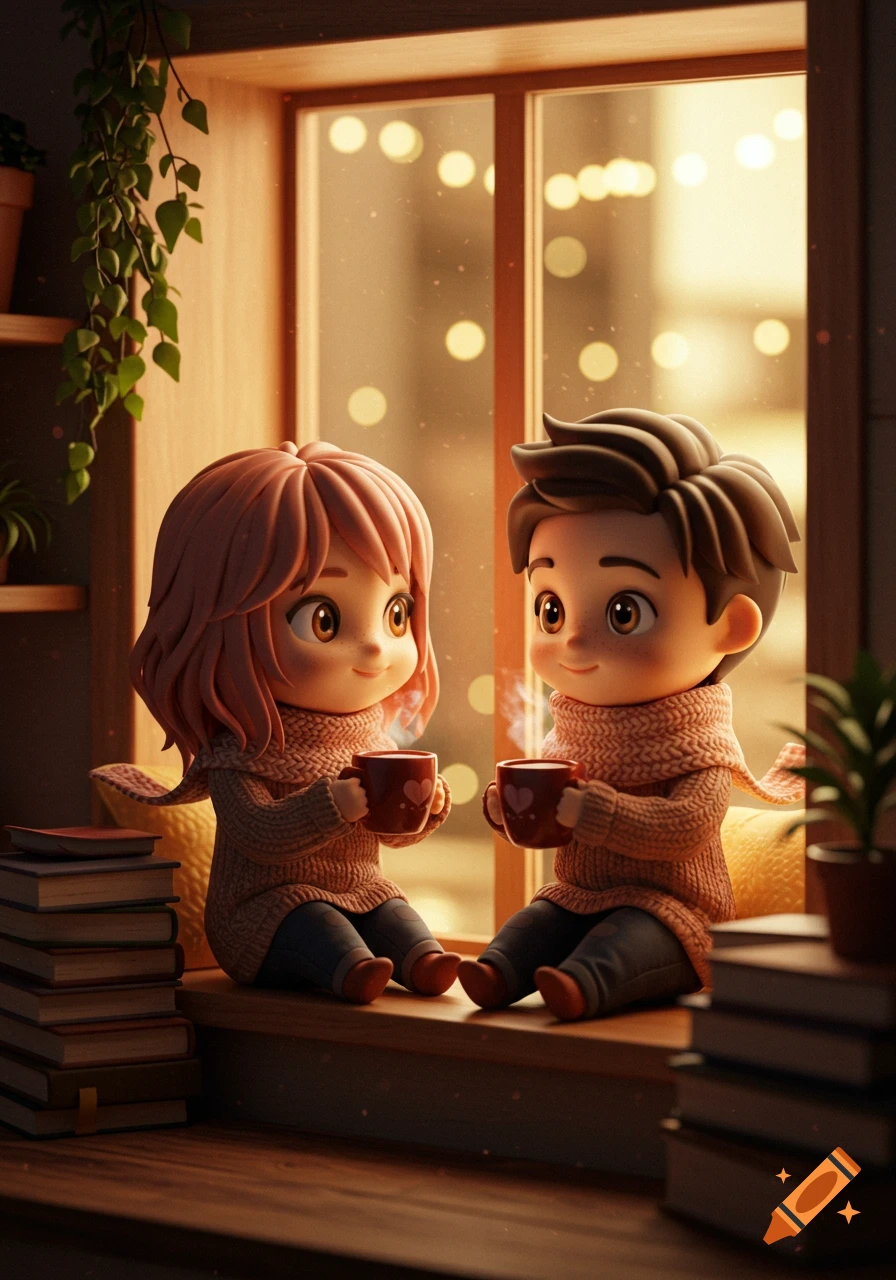 Two cute chibi characters, a boy and a girl, sit on a cozy window sill, sipping steaming mugs with hearts, with soft light from outside.