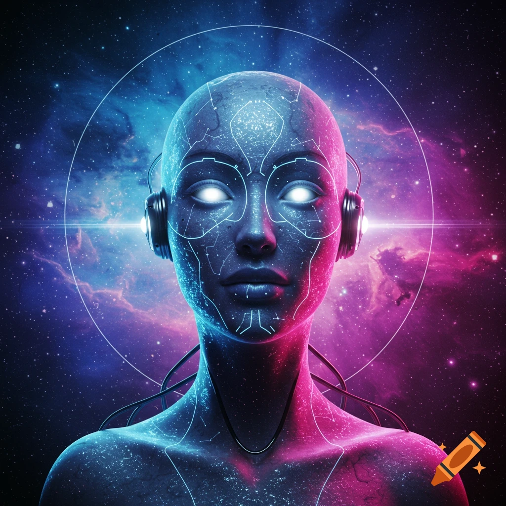 A futuristic humanoid with glowing eyes and circuit patterns, wearing headphones, against a blue and pink cosmic nebula.