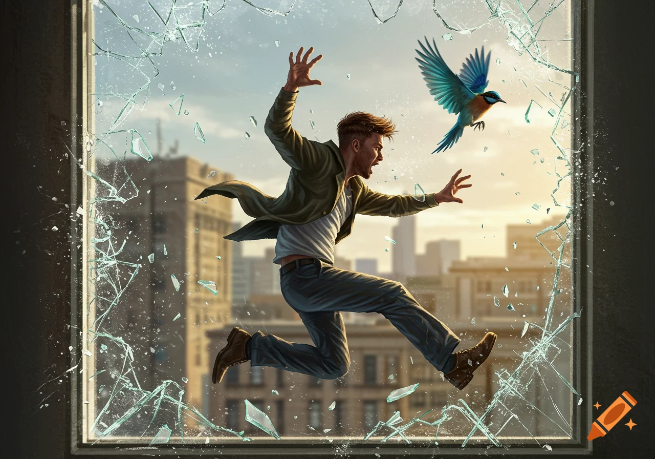 A dynamic illustration of a man leaping through a shattered window, reaching for a blue bird flying towards him with a cityscape in the background.