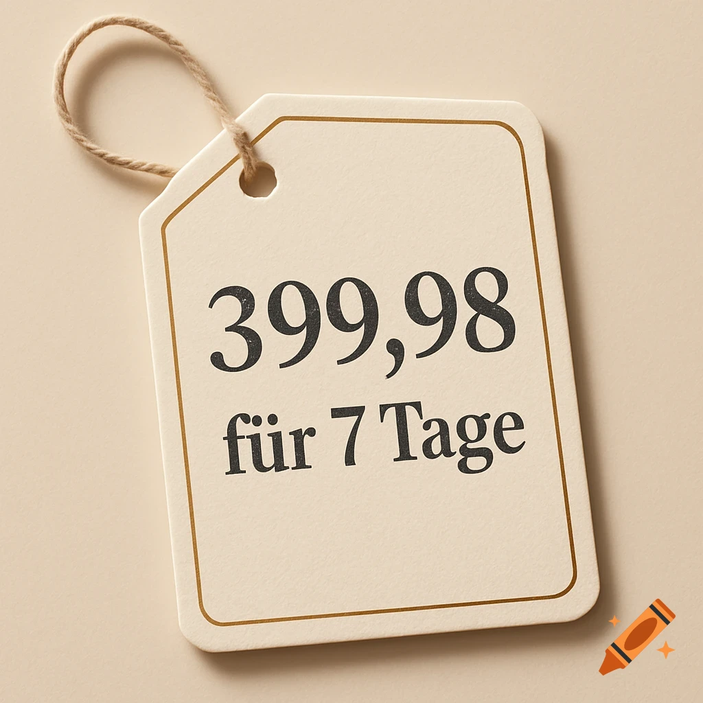 A close-up of a beige price tag with a string, displaying '399,98 f r 7 Tage' (399.98 for 7 days) on a light background.