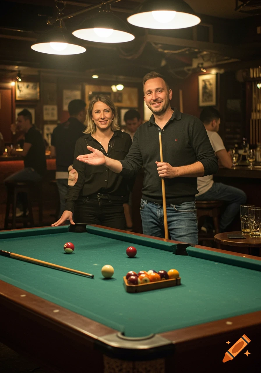 A man and a woman smile while standing next to a billiards table in a dimly lit bar, surrounded by other patrons.