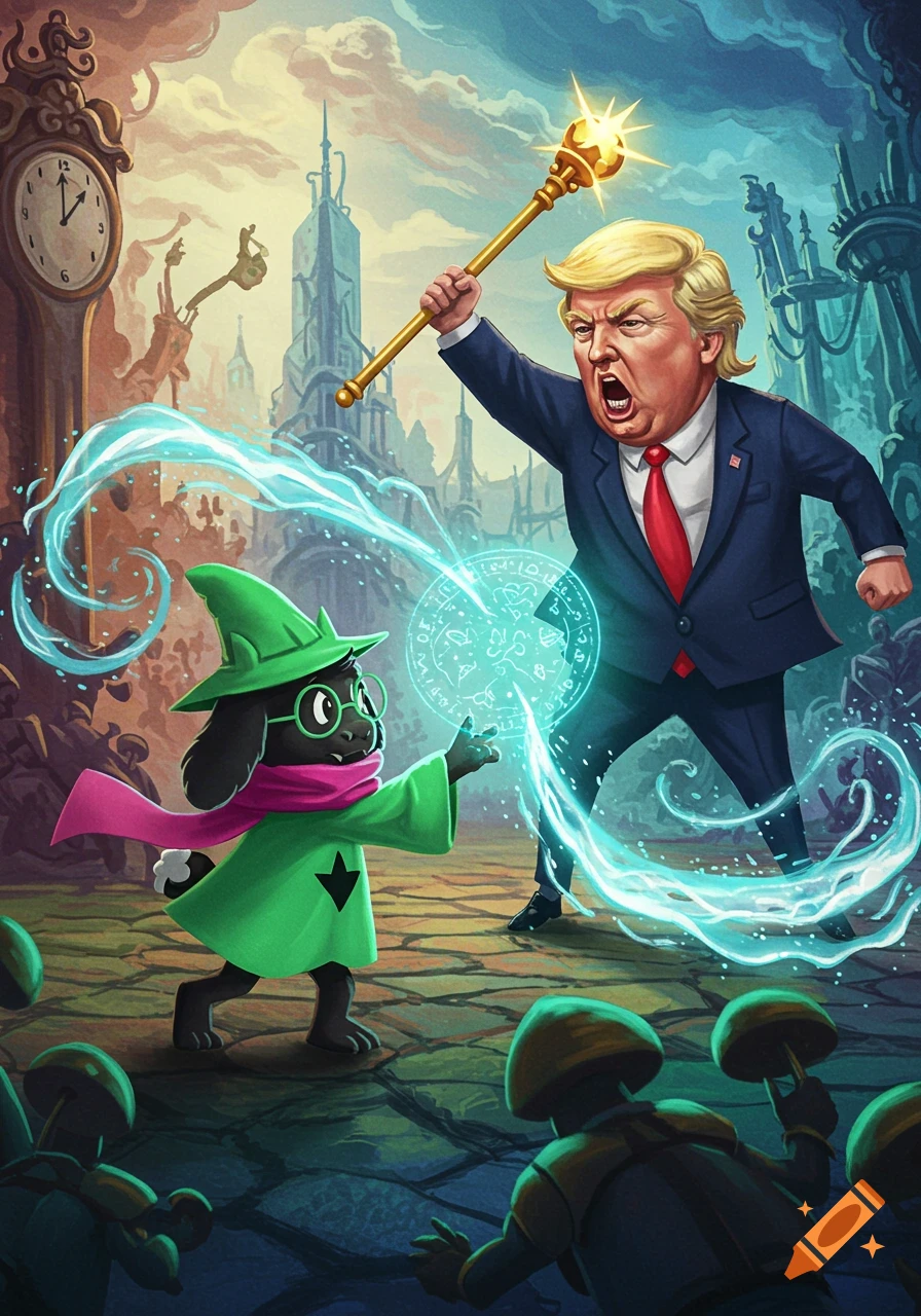 Cartoon illustration of Ralsei casting a spell at Donald Trump wielding a golden staff in a fantasy city.