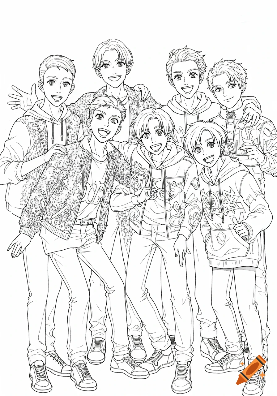 Line art coloring page of seven smiling anime-style boys in trendy outfits posing together.
