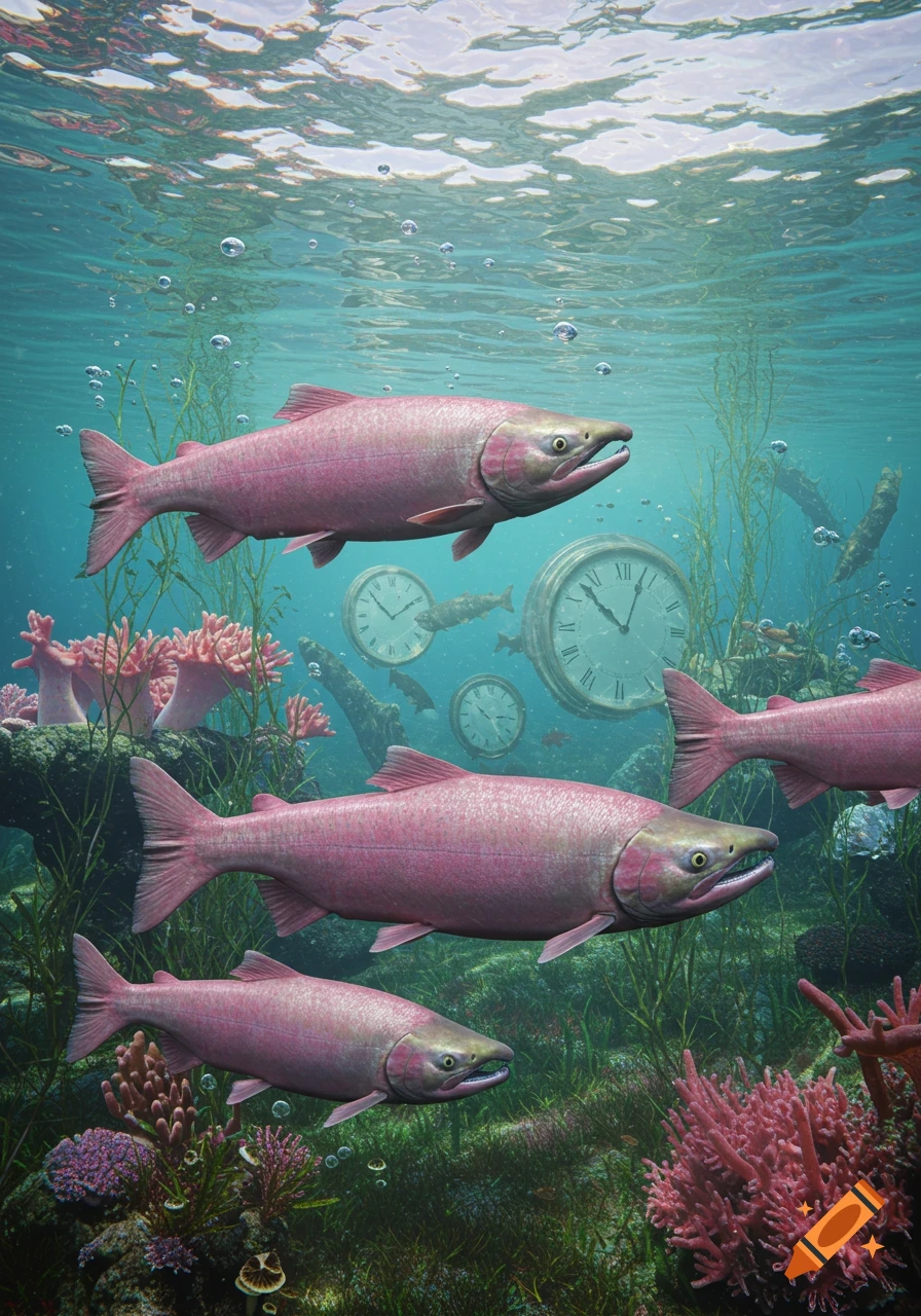 Pink salmon swim underwater with large clocks and coral in a surreal style.