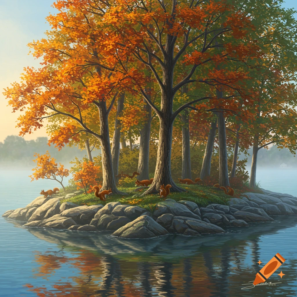 An illustrated rocky island with many squirrels and trees displaying vibrant autumn foliage, surrounded by calm water.