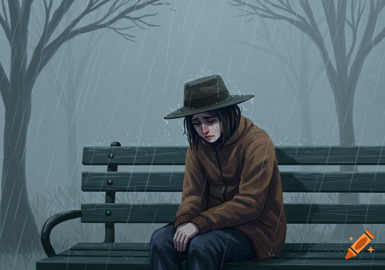 An illustration of a person in a hat crying while sitting alone on a park bench in the rain.