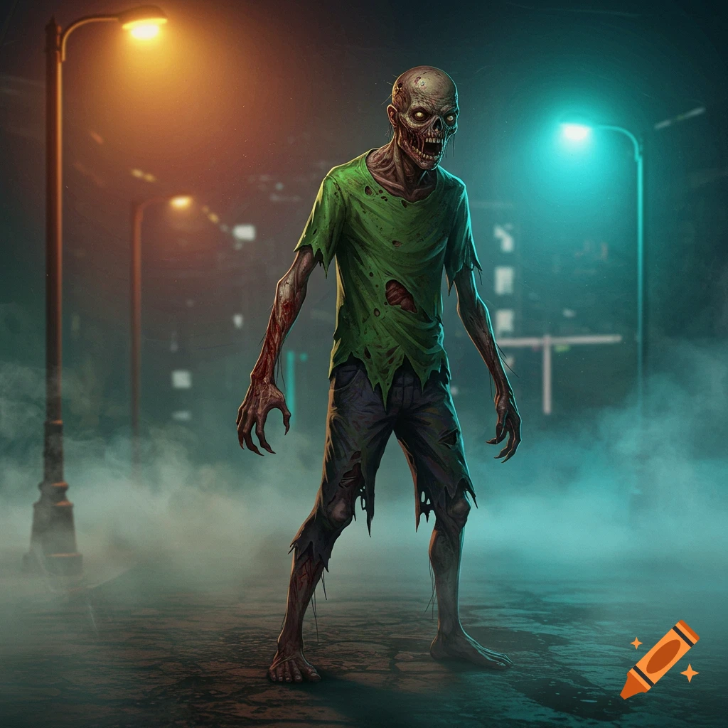 A decaying zombie in a torn green t-shirt and blue pants stands on a misty street lit by orange and teal streetlights.