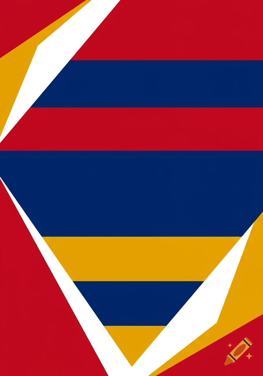 A flag-like design with horizontal red, blue, and goldenrod stripes, framed by white and colored geometric wedges.