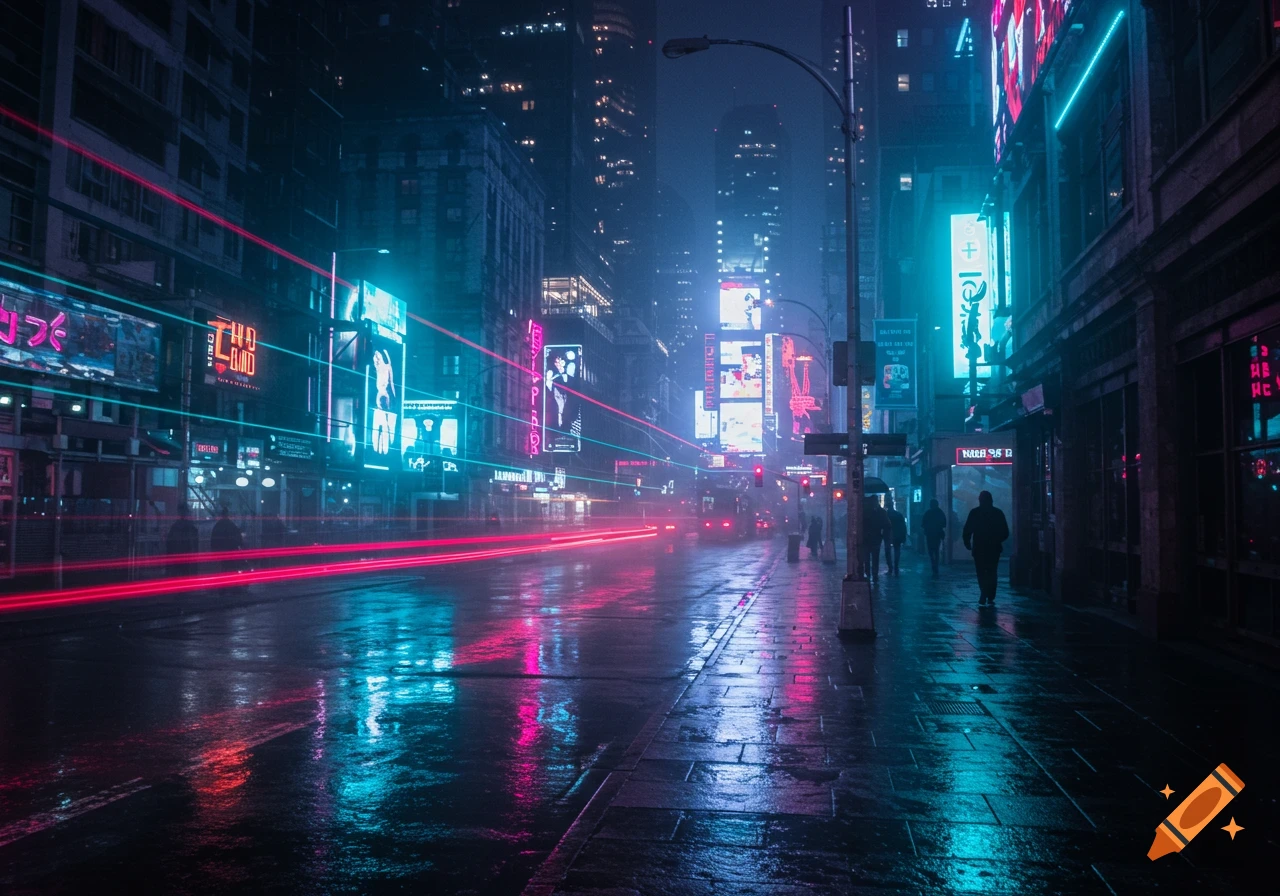 A dark, wet cityscape at night, illuminated by vibrant blue and red neon lights reflecting on the street, with blurred light trails and silhouetted pedestrians.