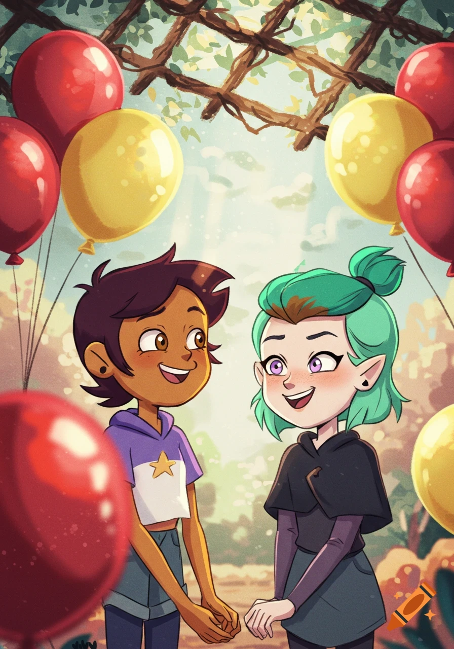 Luz Noceda and Amity Blight, two young women in cartoon style, hold hands and smile at each other, surrounded by red and yellow balloons in a bright outdoor setting.