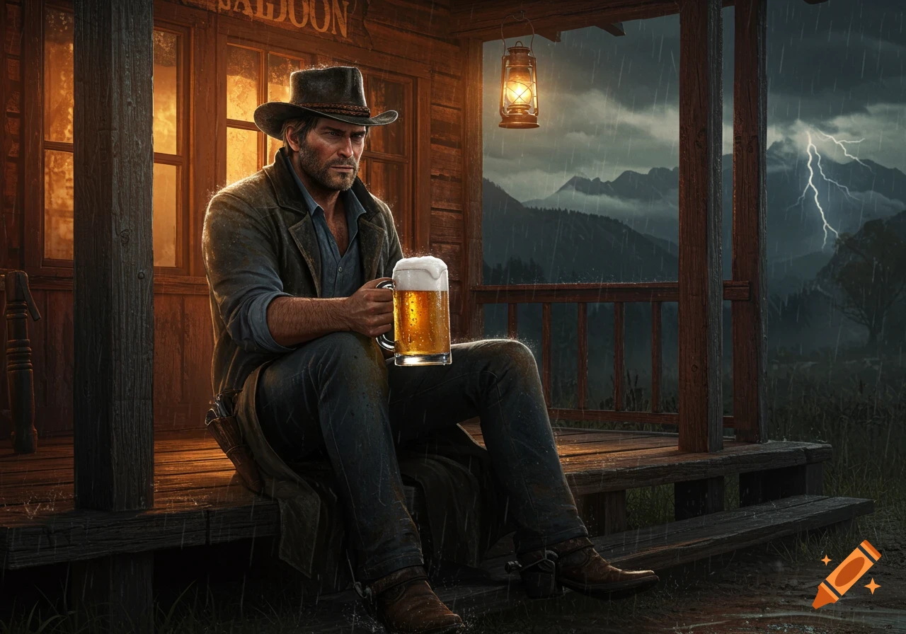 Arthur Morgan drinks a beer on a saloon porch during a stormy, rainy night with lightning.