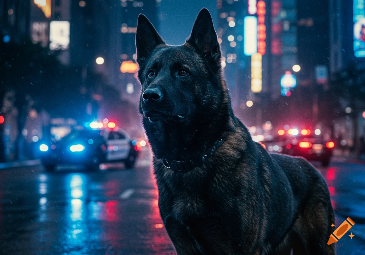 A dark German Shepherd dog stands on a wet city street at night, with blurred police cars and city lights behind it.