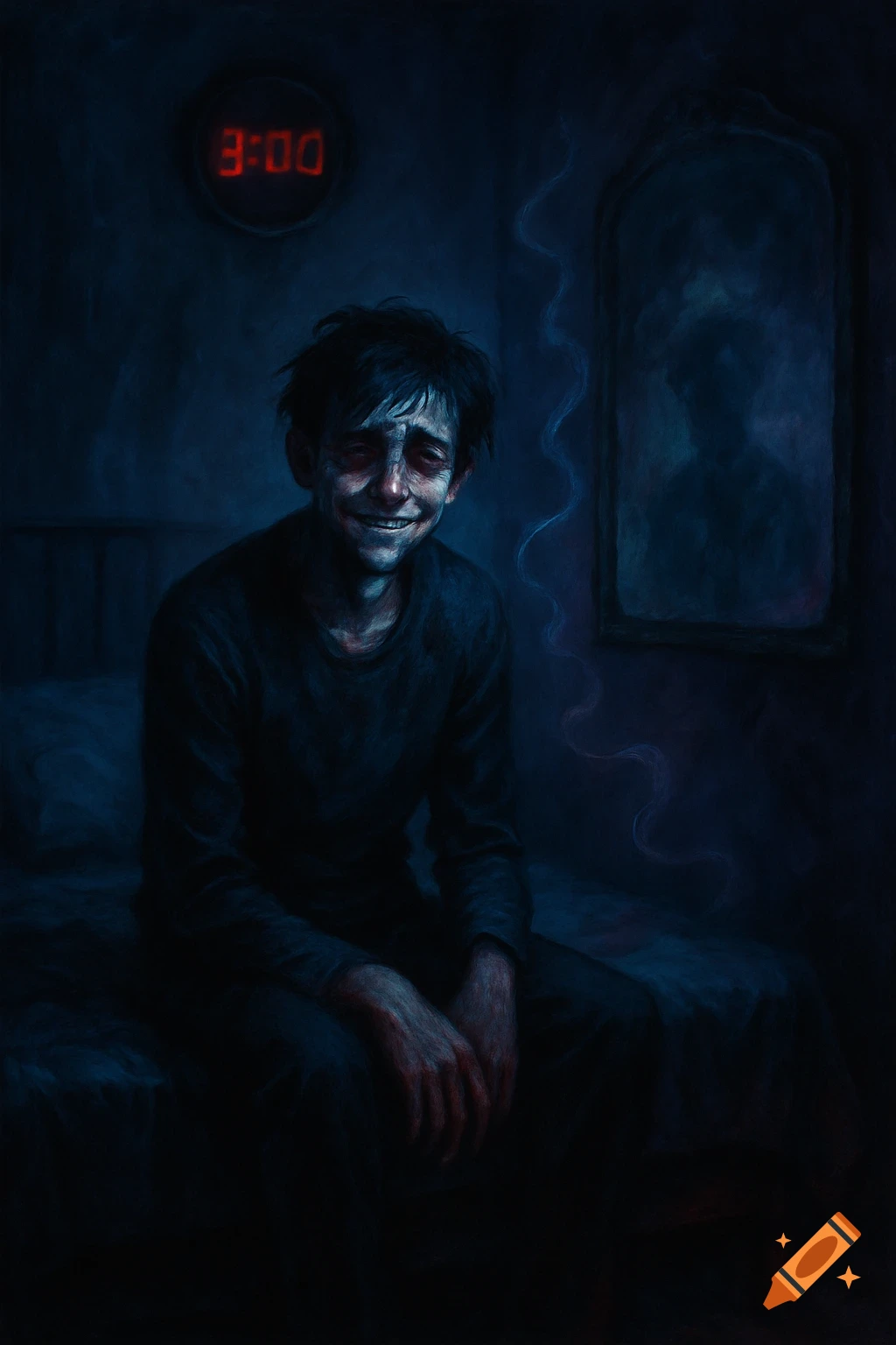 A man with a forced smile and sad eyes sits on a bed in a dark, gloomy room with a clock reading 3:00 in dark art style.