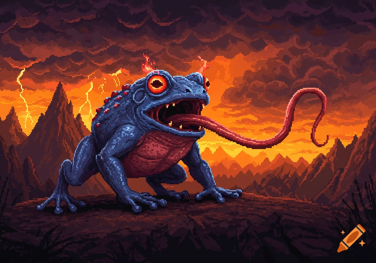Pixel art demon frog with fiery horns and a long tongue, set against a stormy, orange sky with lightning over mountains.