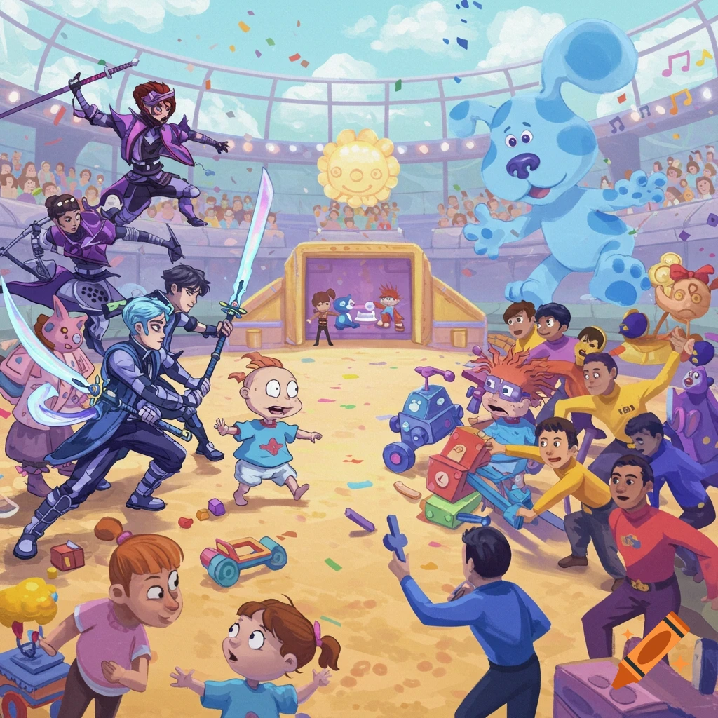 An epic cartoon showdown with KPop Demon Hunters, Rugrats, Blue's Clues, and The Wiggles battling in a stadium arena.