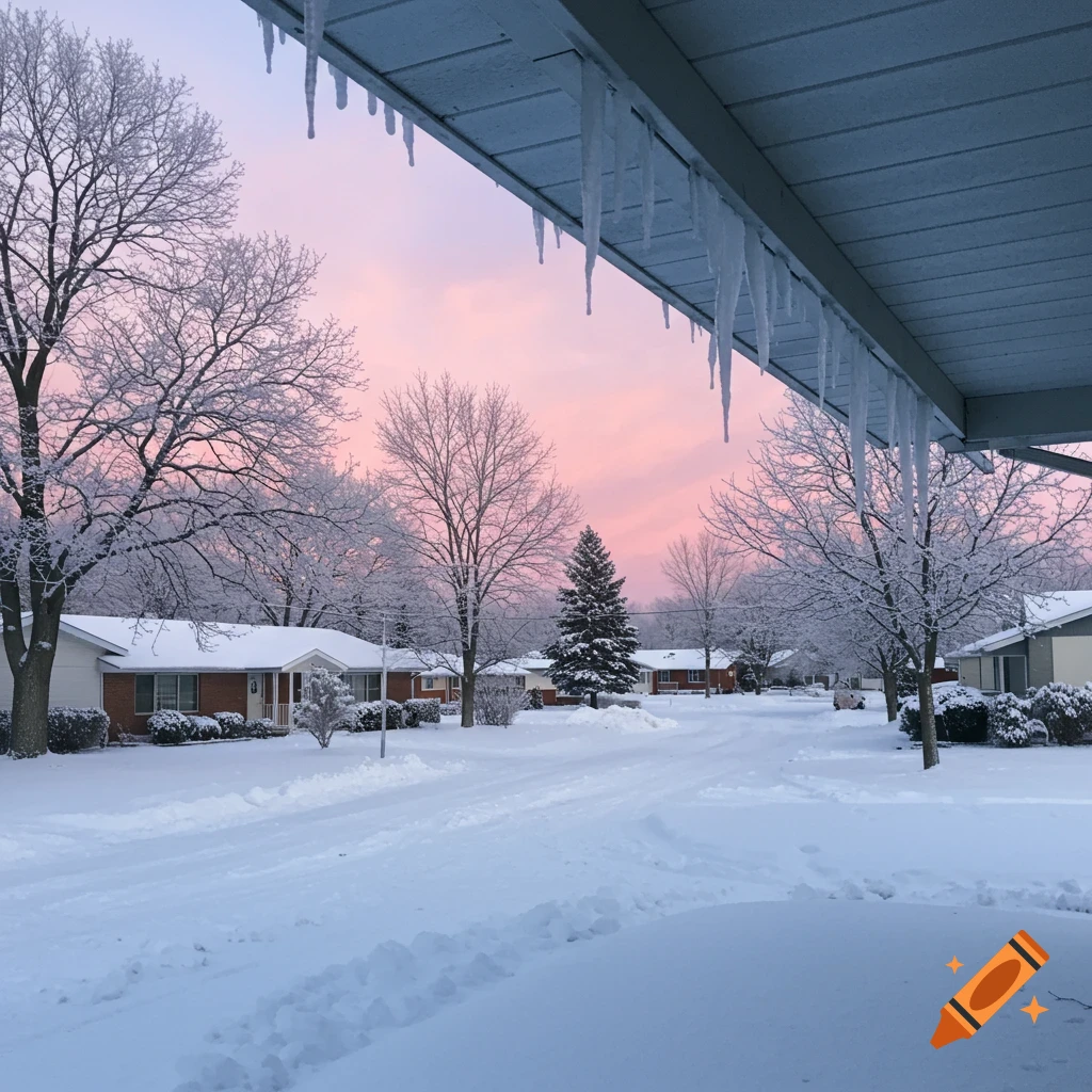 A snow-covered suburban street at a pink sunset, with icicles hanging from a roof and frost-laden trees.