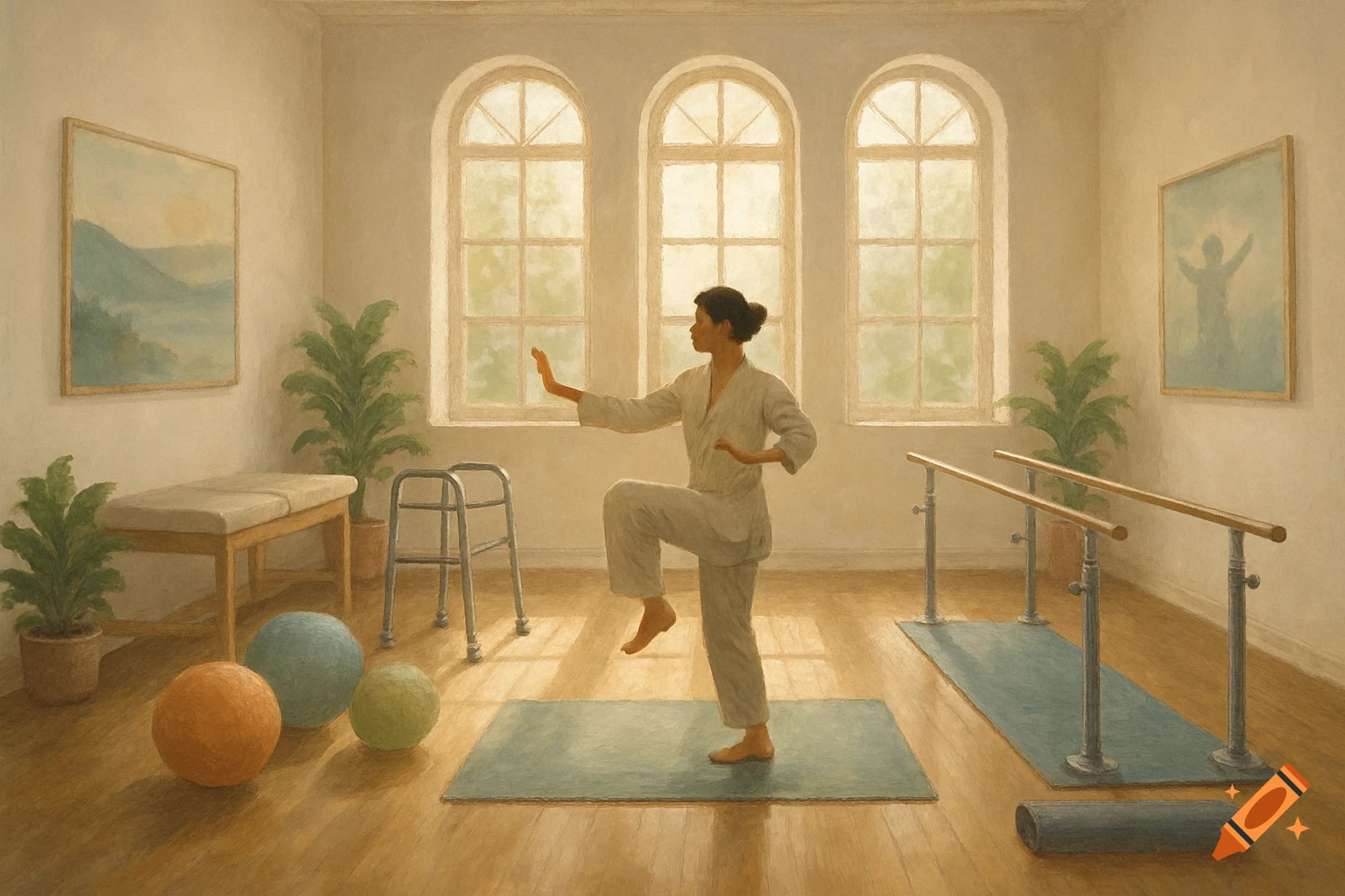 A woman in light clothing balances on one leg on a yoga mat, performing an exercise in a sunlit rehabilitation room with arched windows, plants, and therapy equipment, in a painterly style.