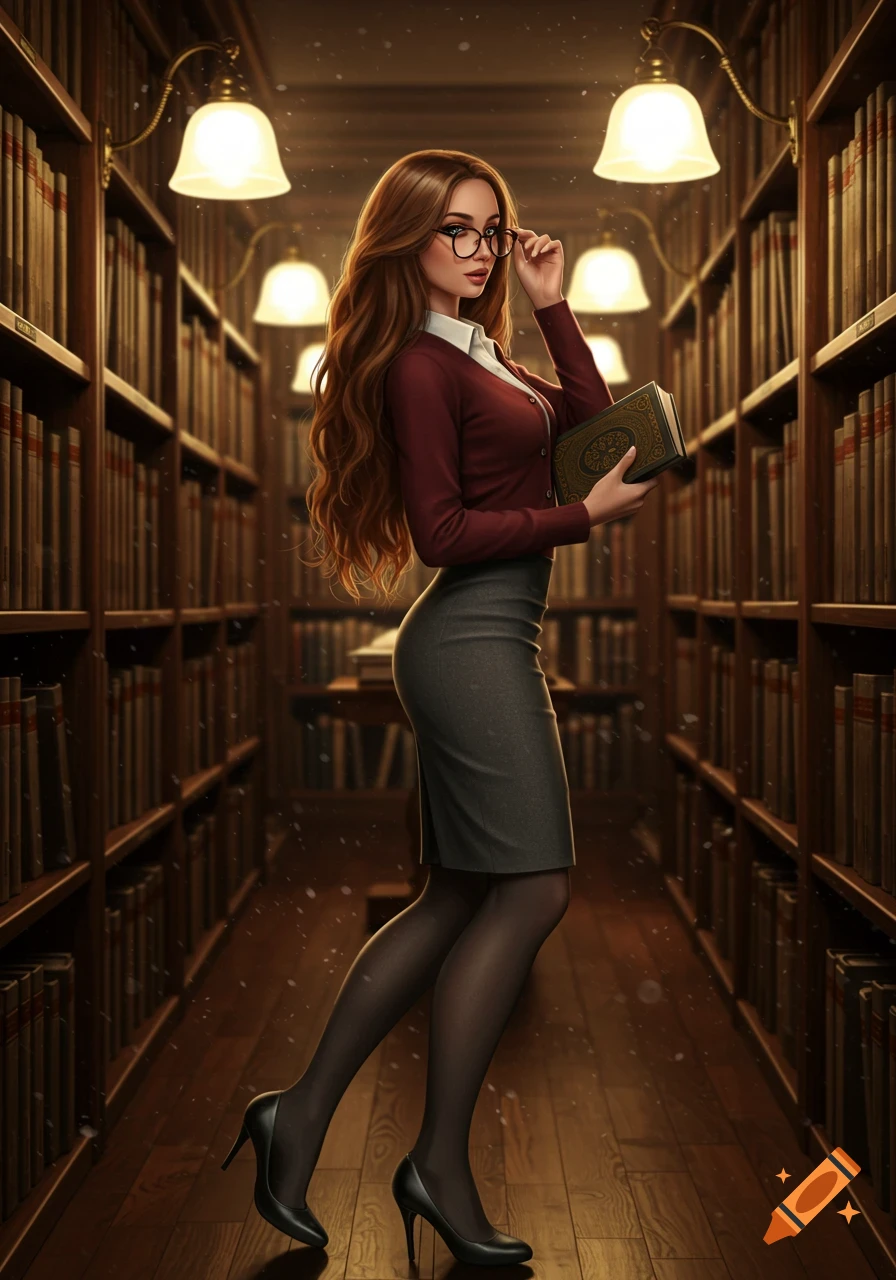 Digital art of a young librarian with long wavy hair and glasses, holding a book in a library aisle.