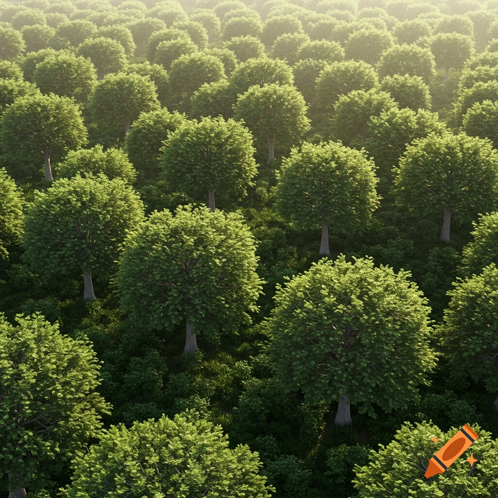 An aerial view of a dense, lush green forest with numerous trees under soft sunlight.
