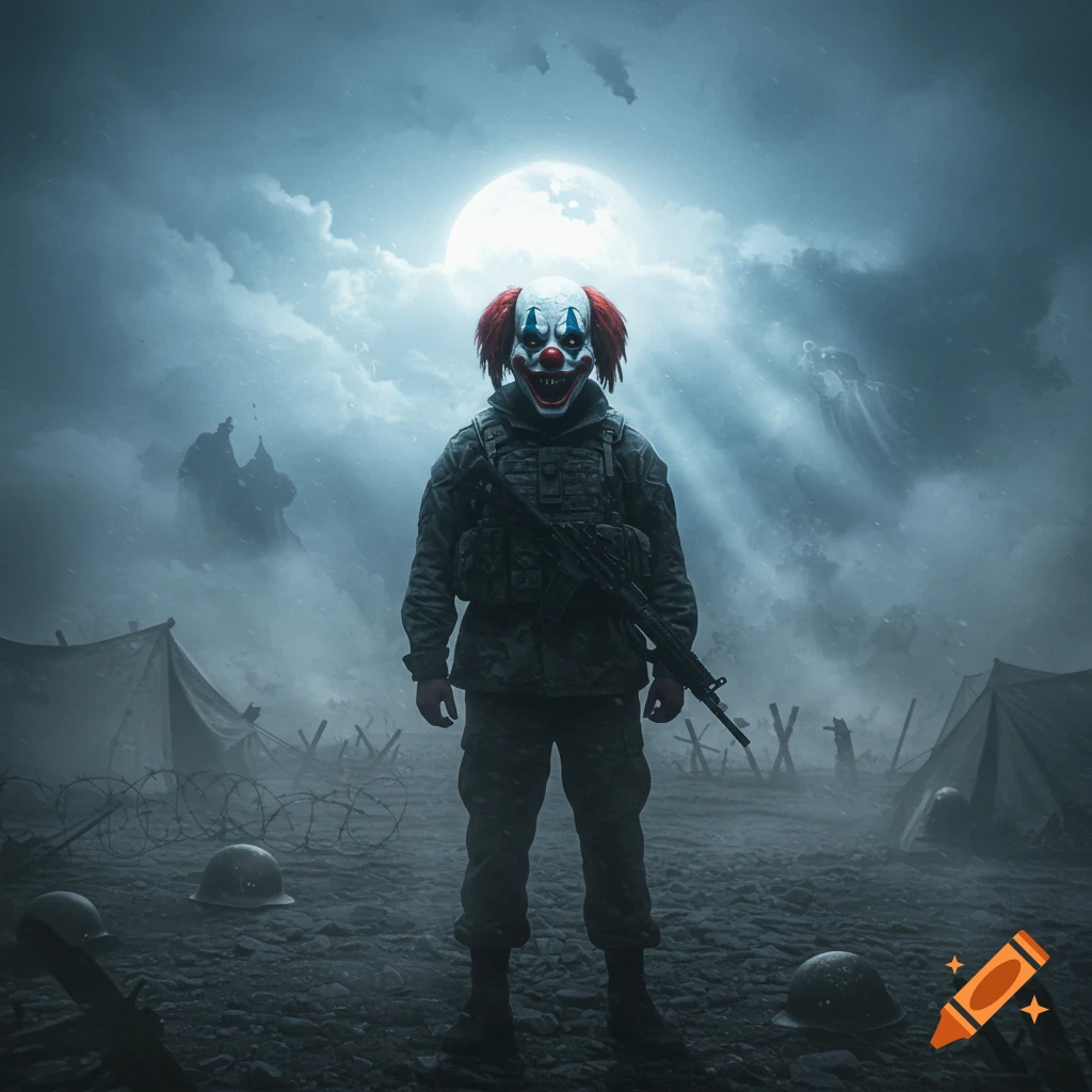 A soldier in a creepy clown mask and camouflage uniform holds a rifle on a dark, foggy battlefield under a full moon.