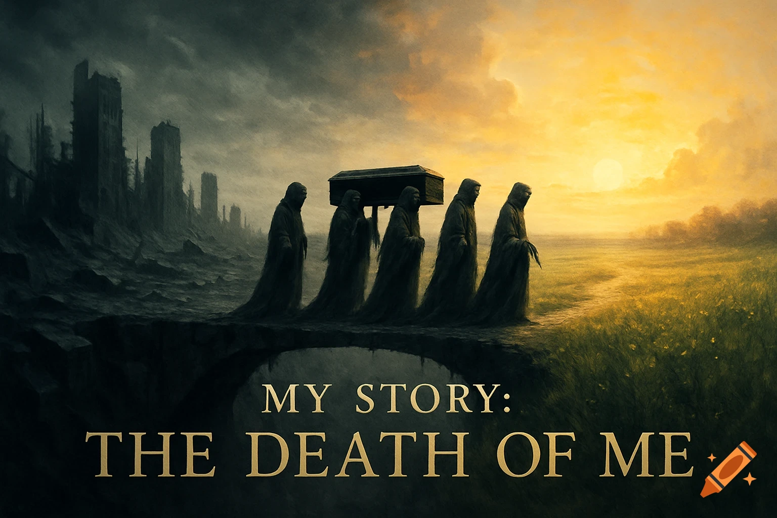 Hooded figures carry a casket from a ruined city under a stormy sky towards a golden, sunlit field. Text: MY STORY: THE DEATH OF ME.