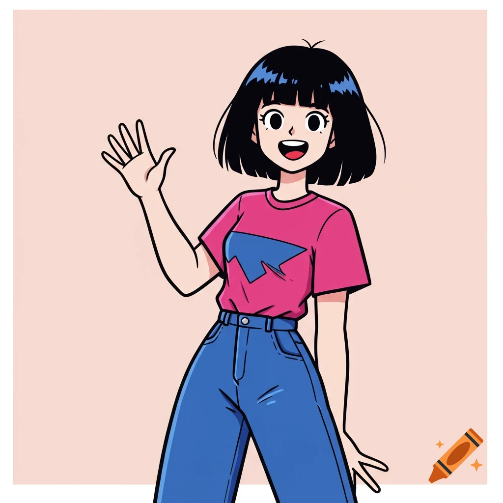 A cheerful anime girl with black bob hair, wearing a pink shirt and blue jeans, smiles and waves.