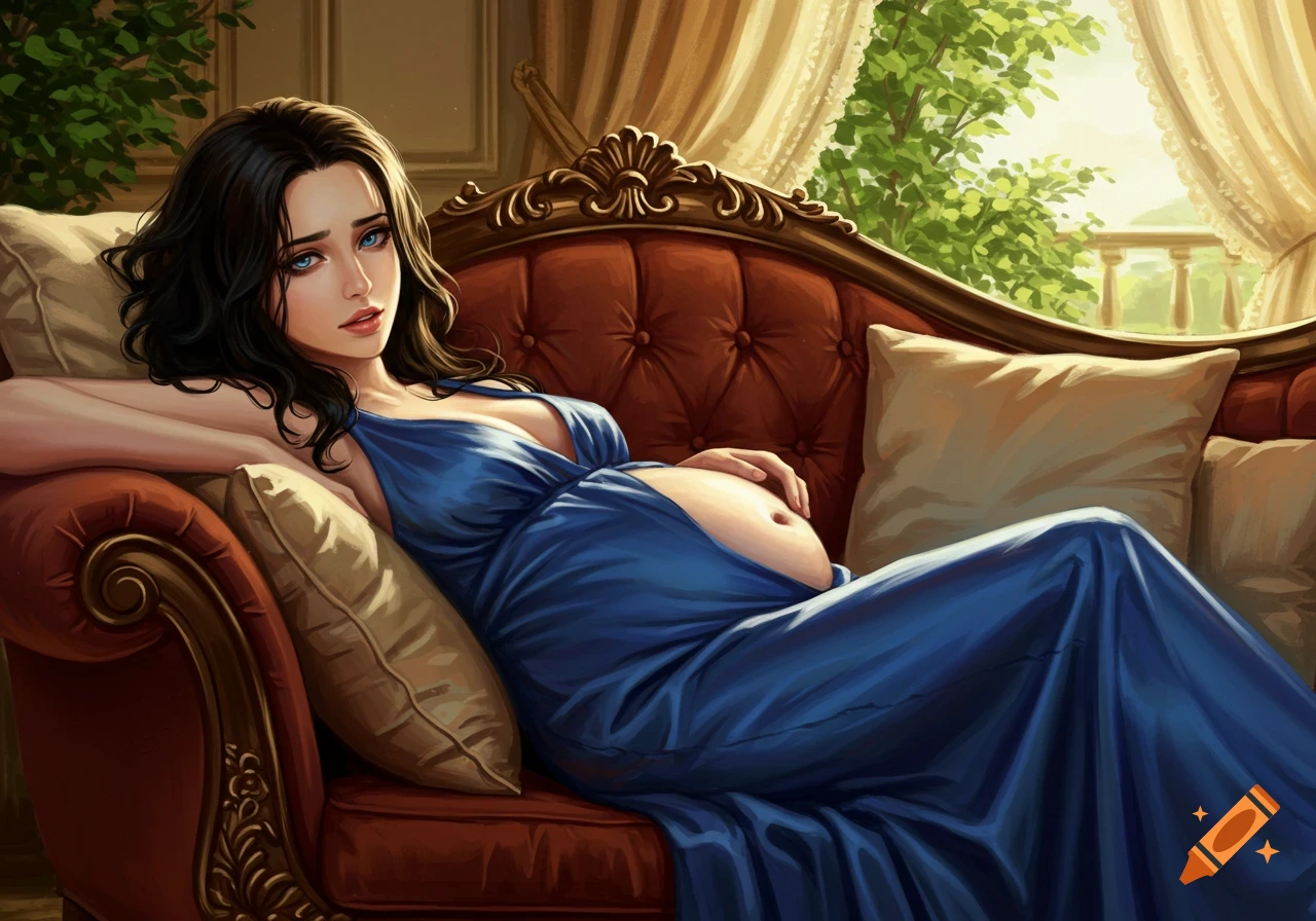 Illustrative portrait of a pregnant woman with long dark hair, wearing a blue dress, reclining on a red tufted couch by a window.