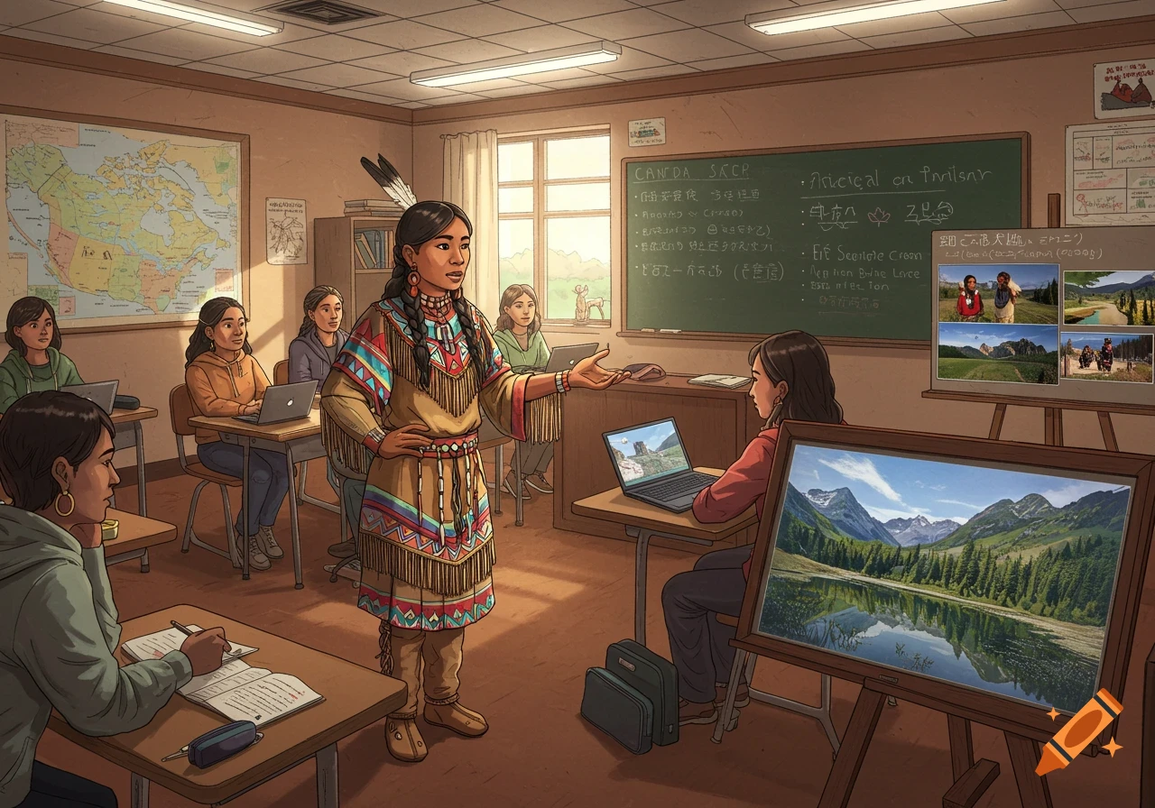 An Indigenous girl in traditional dress presents in a classroom. Students with laptops listen, a map of Canada hangs, and images of nature are displayed.