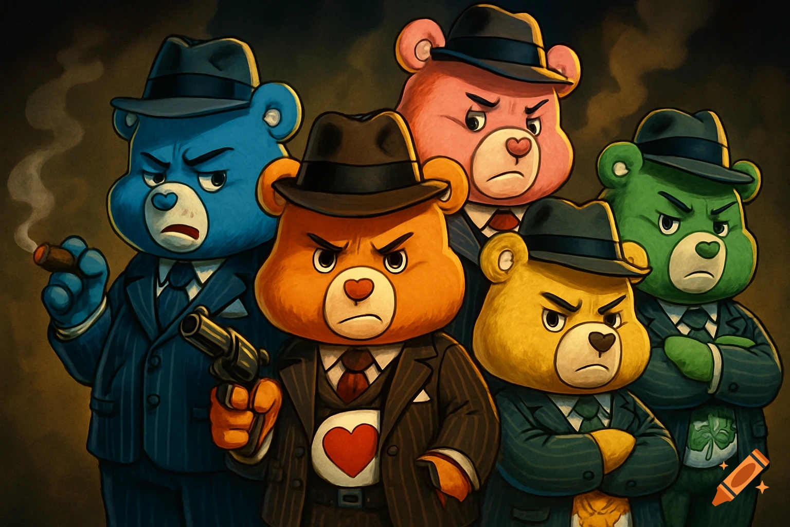 Five cartoon Care Bears dressed as an angry mafia gang in pinstripe suits and fedoras, with one holding a cigar and another a gun.