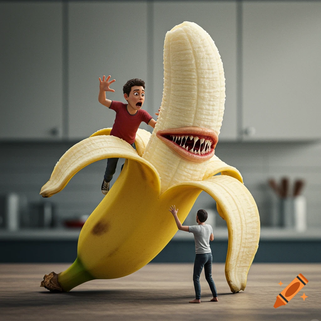 A monstrous peeled banana with sharp teeth engulfs a small human, while another human reaches out in a photorealistic kitchen.