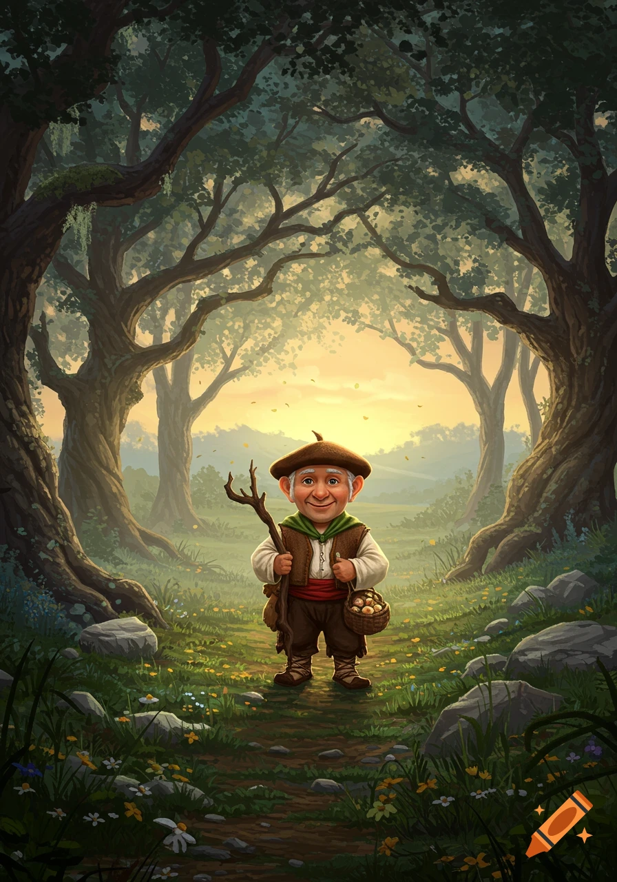 A cheerful small man with a staff and mushroom basket stands on a forest path at sunset, digital illustration.