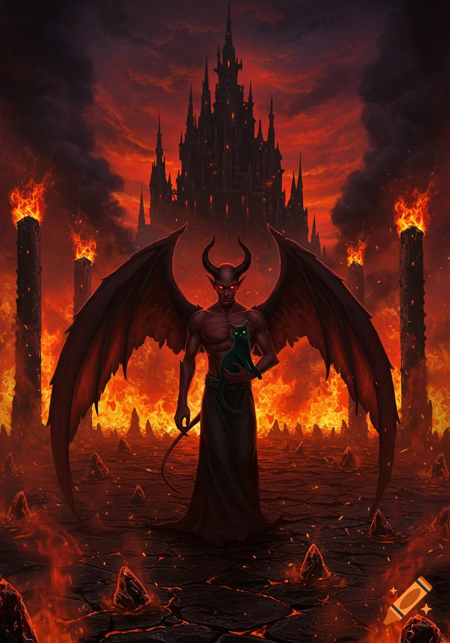 A winged red demon holding a black cat stands in a fiery hellscape with a dark castle.