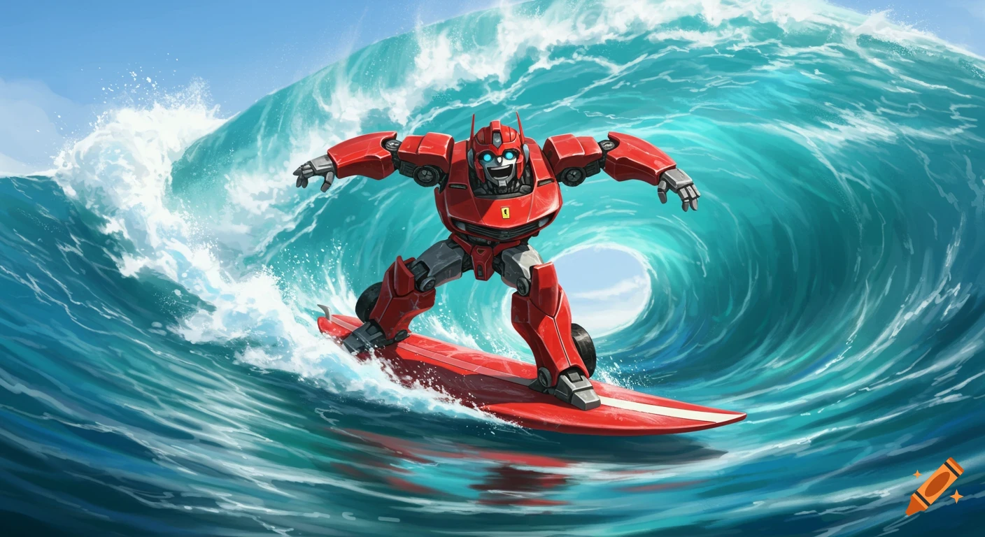 A smiling red Ferrari transformer surfs a large blue ocean wave under a clear sky.