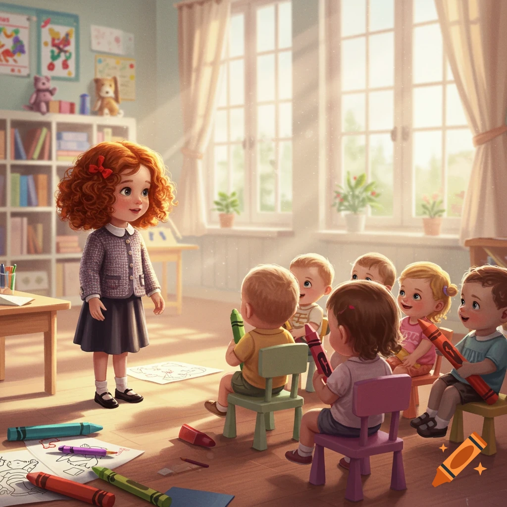 A young girl with red curly hair stands in a sunny classroom, teaching a group of toddlers drawing with crayons in an illustration style.