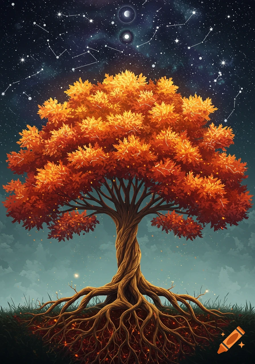 Stylized art of a vibrant tree with orange leaves and exposed roots under a starry night sky with constellations.