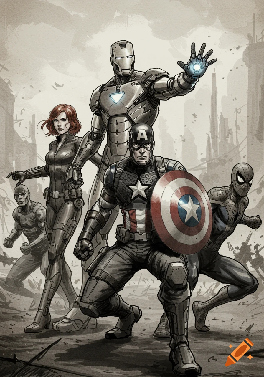 Marvel superheroes Iron Man, Black Widow, Captain America, and Spider-Man in a stylized, gritty comic art illustration.