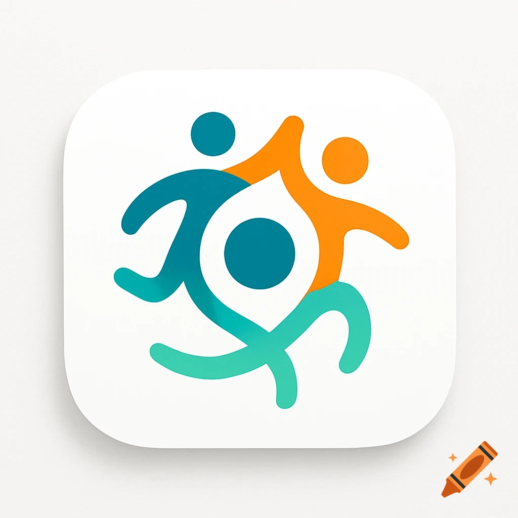 Abstract logo with stylized teal, orange, and light green figures surrounding a central teal circle, on a white rounded square.