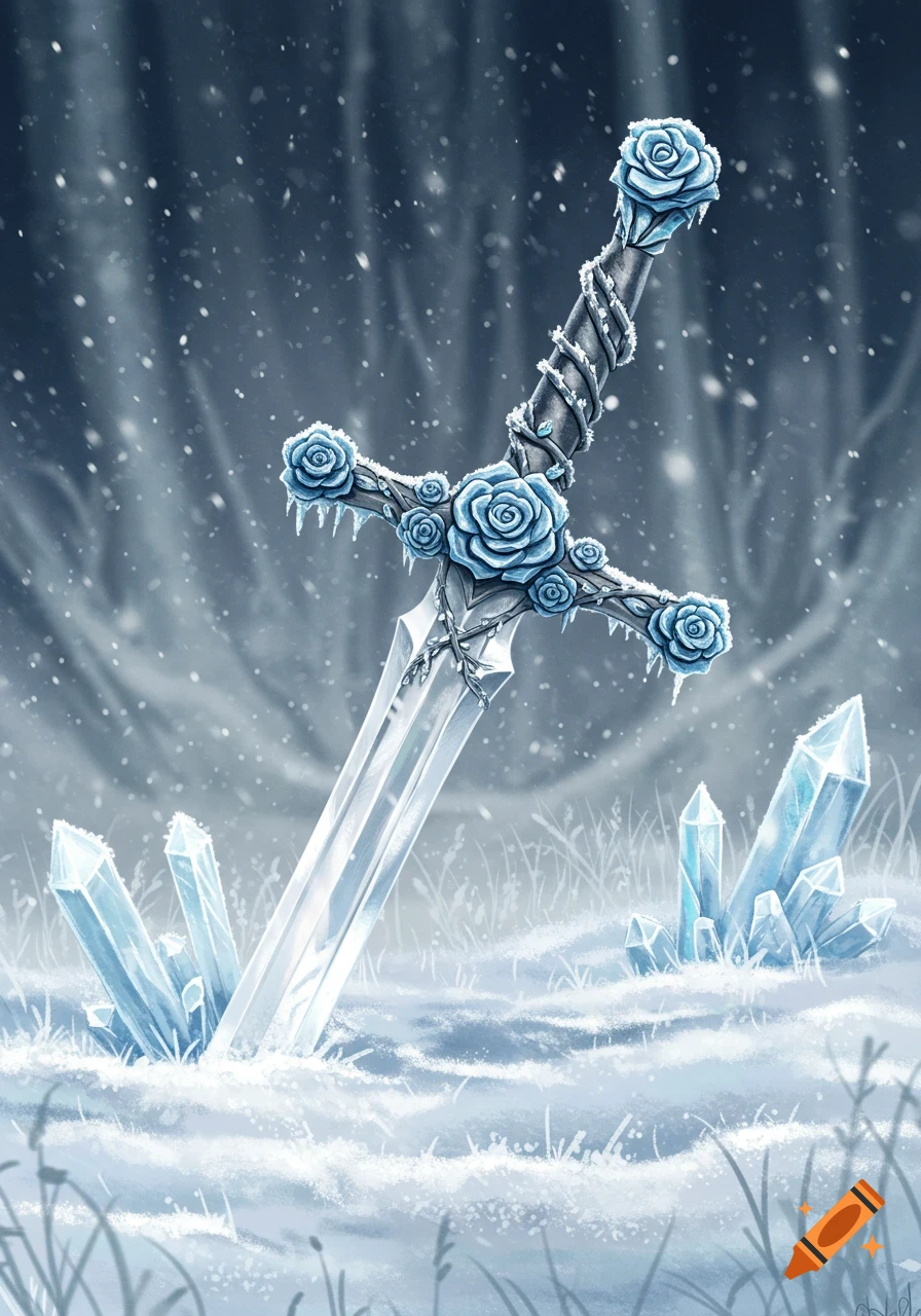 An ornate sword with ice blue roses and icicles on the hilt, plunged into snowy ground with ice crystals, illustration.