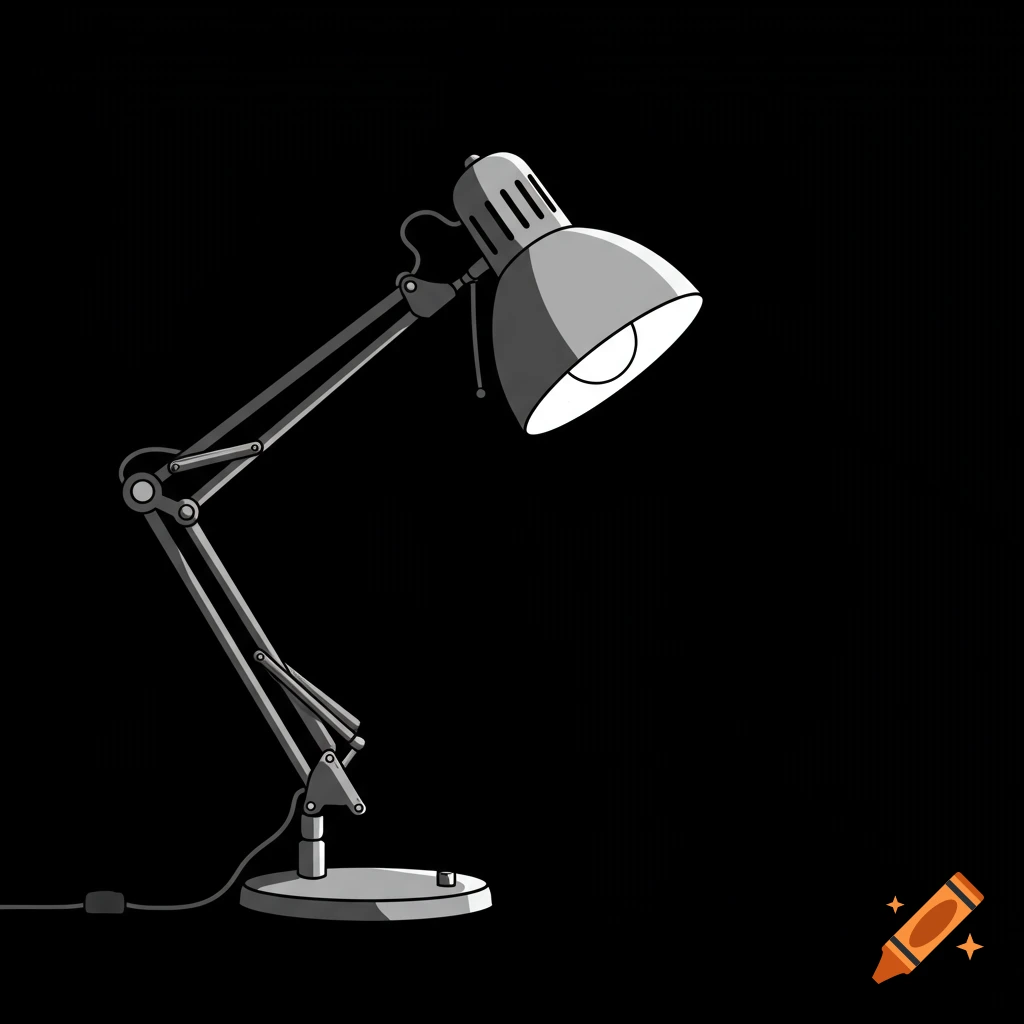 A minimalist black and white clip art illustration of a desk lamp with a glowing bulb against a dark background.