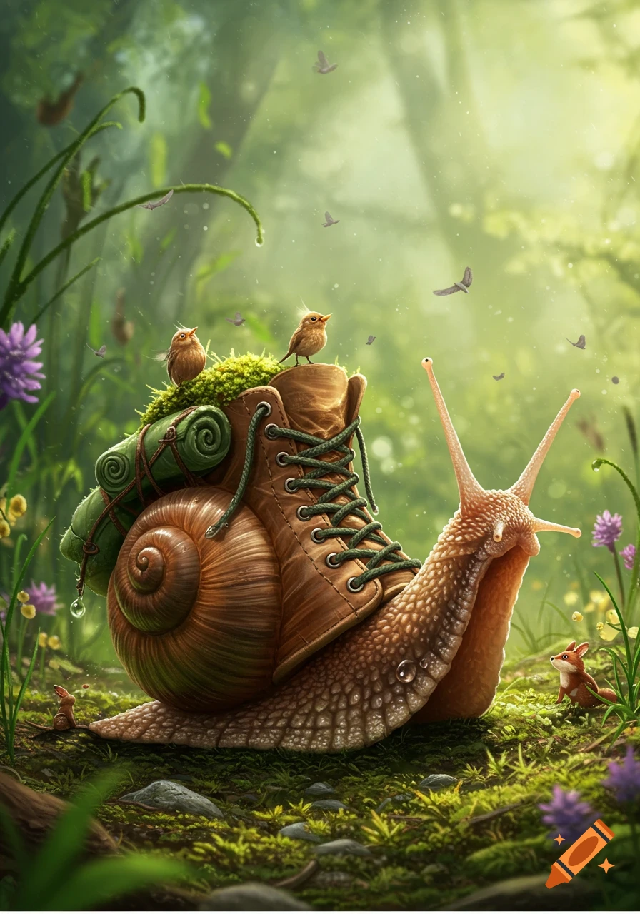 A whimsical snail with a brown hiking boot as its shell and a green bedroll, with two birds on its back, in a vibrant, sunlit forest.