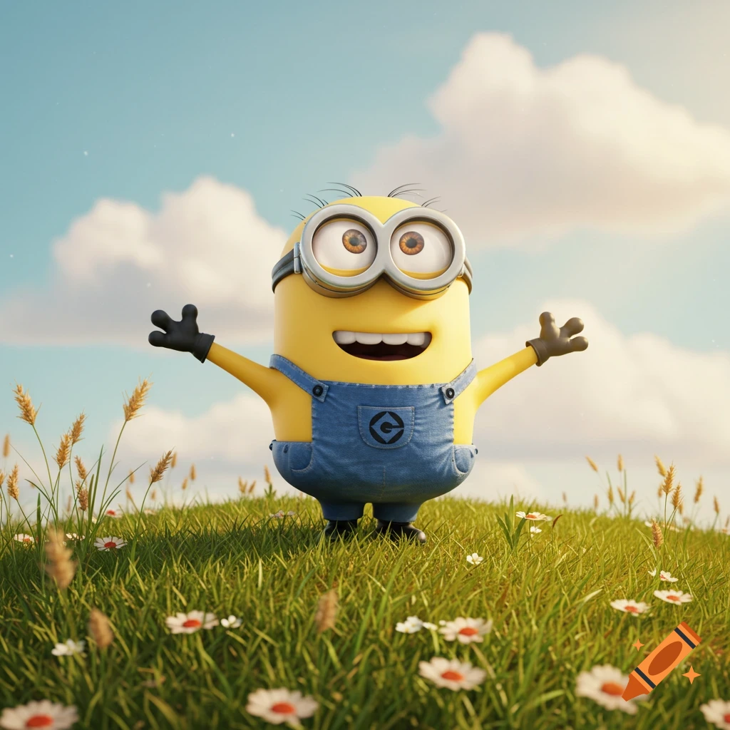 A happy Minion in denim overalls stands with arms outstretched in a lush green field with white flowers under a blue sky.