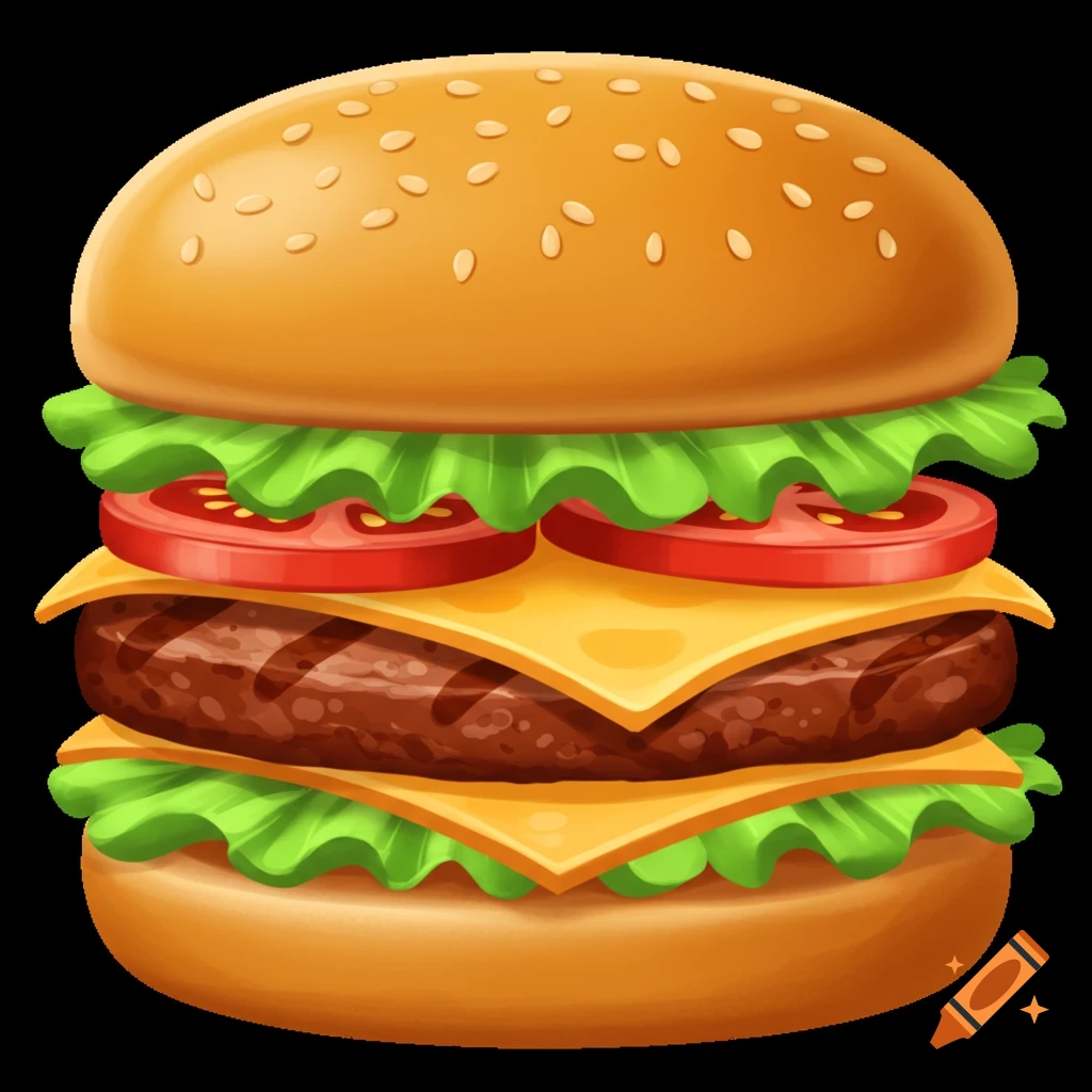 A cartoon double cheeseburger with lettuce, tomato, and a sesame seed bun on a transparent background.