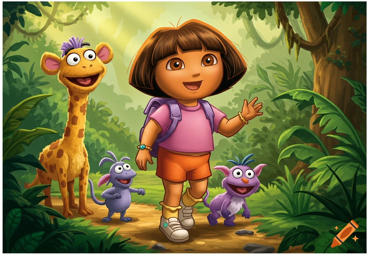 A vibrant cartoon of Dora the Explorer waving on a jungle path, joined by a friendly giraffe-like creature and two purple imp-like companions.
